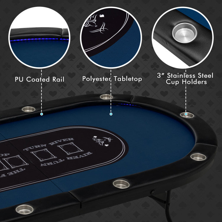 10 Player Foldable Poker Table 84" Portable Casino Leisure Texas Holdem Game Table with Cup Holders and USB Ports for Blackjack Board