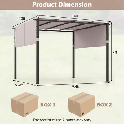 10 x 10 FT Outdoor Heavy Duty Flat Top Gazebo Pergola Patio Metal Shelter Pavilion with Retractable Canopy