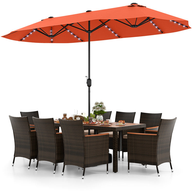 11 Pieces Patio Rattan Dining Table Set Outdoor Acacia Wood Furniture Set with Umbrella and Cushions