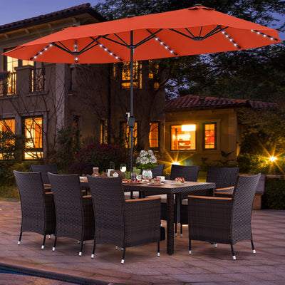 11 Pieces Patio Rattan Dining Table Set Outdoor Acacia Wood Furniture Set with Umbrella and Cushions