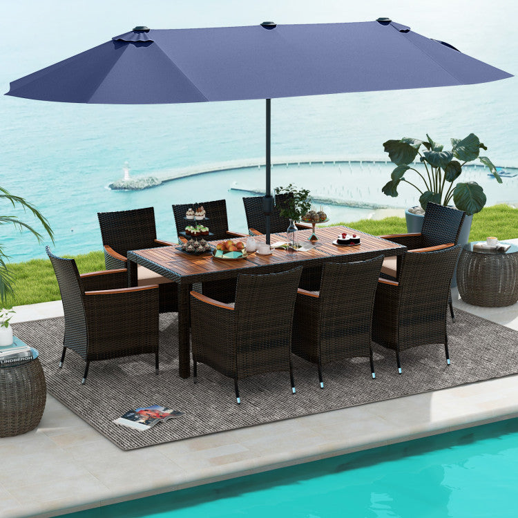 11 Pieces Patio Rattan Dining Table Set Outdoor Acacia Wood Furniture Set with Umbrella and Cushions