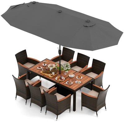 11 Pieces Patio Rattan Dining Table Set Outdoor Acacia Wood Furniture Set with Umbrella and Cushions