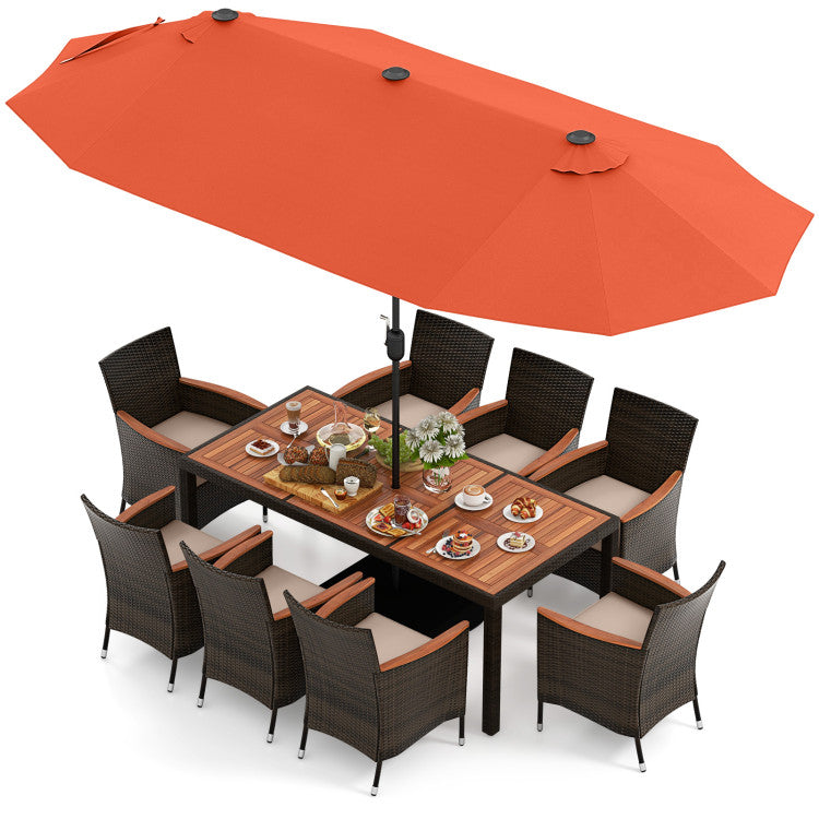 11 Pieces Patio Rattan Dining Table Set Outdoor Acacia Wood Furniture Set with Umbrella and Cushions