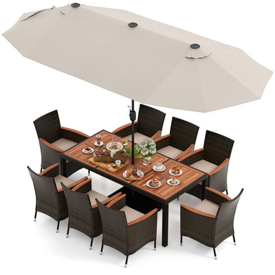 11 Pieces Patio Rattan Dining Table Set Outdoor Acacia Wood Furniture Set with Umbrella and Cushions