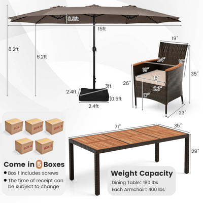 11 Pieces Patio Rattan Dining Table Set Outdoor Acacia Wood Furniture Set with Umbrella and Cushions