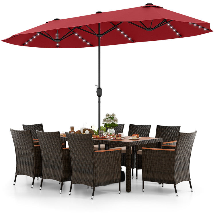 11 Pieces Patio Rattan Dining Table Set Outdoor Acacia Wood Furniture Set with Umbrella and Cushions