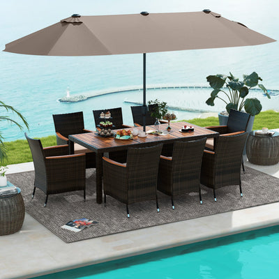 11 Pieces Patio Rattan Dining Table Set Outdoor Acacia Wood Furniture Set with Umbrella and Cushions