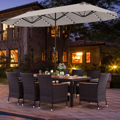 11 Pieces Patio Rattan Dining Table Set Outdoor Acacia Wood Furniture Set with Umbrella and Cushions