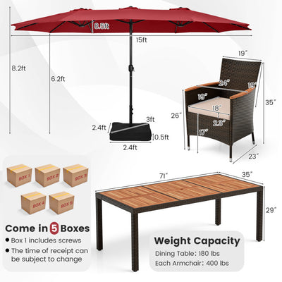 11 Pieces Patio Rattan Dining Table Set Outdoor Acacia Wood Furniture Set with Umbrella and Cushions