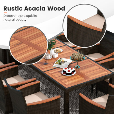 11 Pieces Patio Rattan Dining Table Set Outdoor Acacia Wood Furniture Set with Umbrella and Cushions