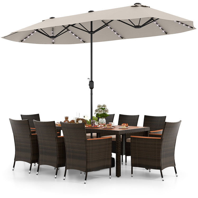 11 Pieces Patio Rattan Dining Table Set Outdoor Acacia Wood Furniture Set with Umbrella and Cushions