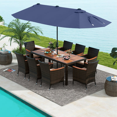 11 Pieces Patio Rattan Dining Table Set Outdoor Acacia Wood Furniture Set with Umbrella and Cushions