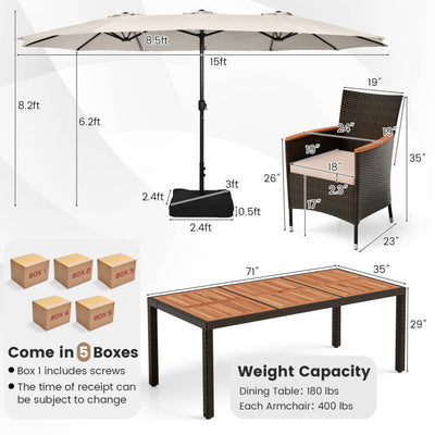 11 Pieces Patio Rattan Dining Table Set Outdoor Acacia Wood Furniture Set with Umbrella and Cushions