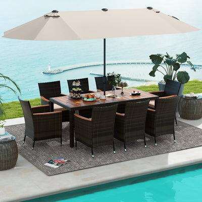 11 Pieces Patio Rattan Dining Table Set Outdoor Acacia Wood Furniture Set with Umbrella and Cushions