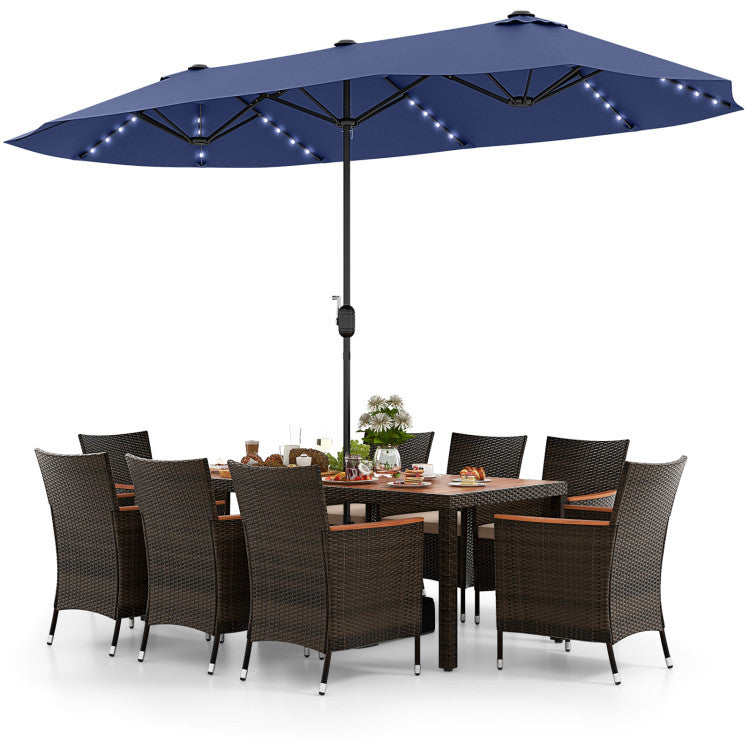 11 Pieces Patio Rattan Dining Table Set Outdoor Acacia Wood Furniture Set with Umbrella and Cushions