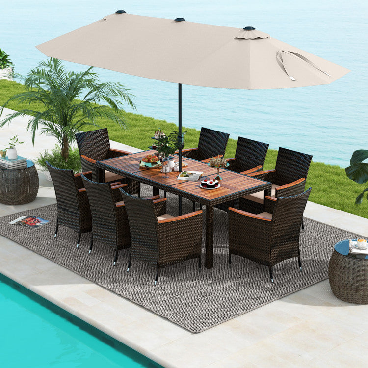 11 Pieces Patio Rattan Dining Table Set Outdoor Acacia Wood Furniture Set with Umbrella and Cushions