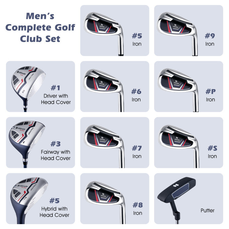 11 Pieces Portable Men’s Complete Golf Club Package Set with Non-Slip TPR Handle and Golf Stand Bag