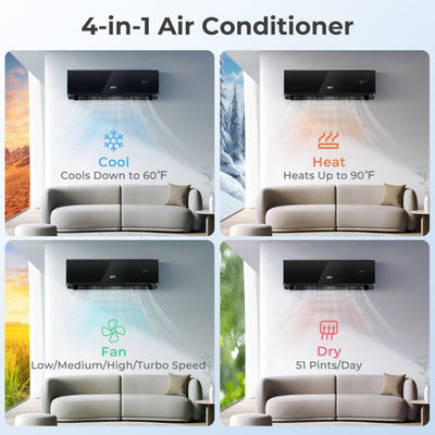 12000 BTU 4-in-1 Mini Split Air Conditioner 22 SEER2 208-230V Wifi Enabled AC Unit with Self Cleaning and Auto Defrost