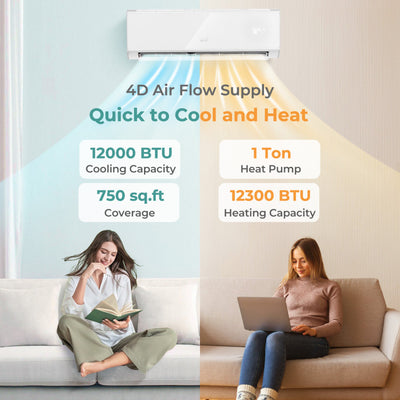 12000 BTU 4-in-1 Mini Split Air Conditioner 22 SEER2 208-230V Wifi Enabled AC Unit with Self Cleaning and Auto Defrost