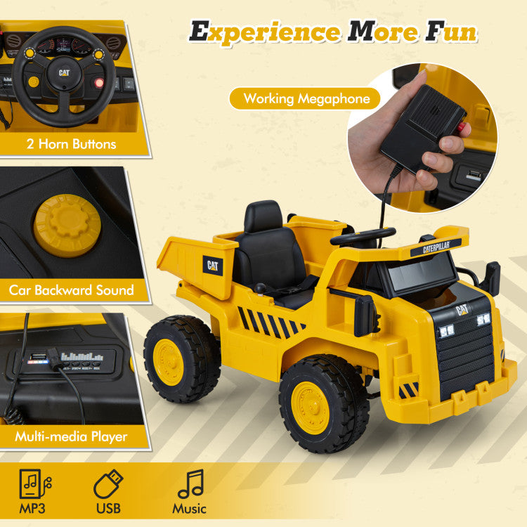 12V Kids Ride On Car Dump Truck Licensed Caterpillar Electric Vehicle with Remote Control and Sand Shovel