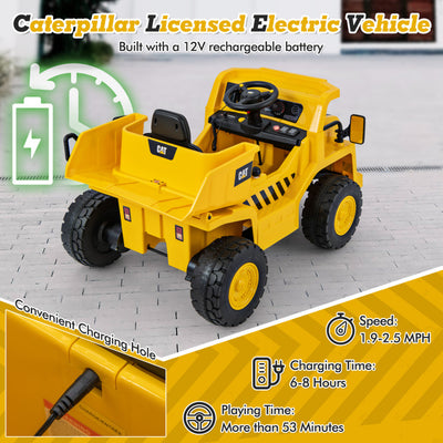 12V Kids Ride On Car Dump Truck Licensed Caterpillar Electric Vehicle with Remote Control and Sand Shovel