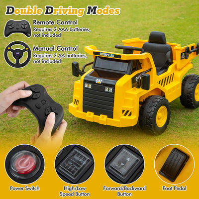 12V Kids Ride On Car Dump Truck Licensed Caterpillar Electric Vehicle with Remote Control and Sand Shovel