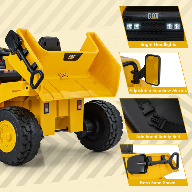 12V Kids Ride On Car Dump Truck Licensed Caterpillar Electric Vehicle with Remote Control and Sand Shovel