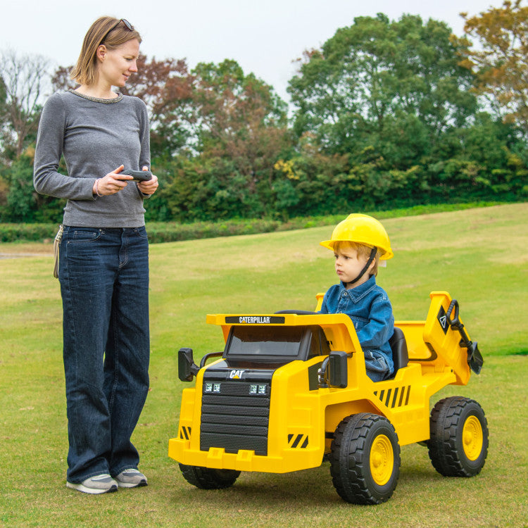 12V Kids Ride On Car Dump Truck Licensed Caterpillar Electric Vehicle with Remote Control and Sand Shovel