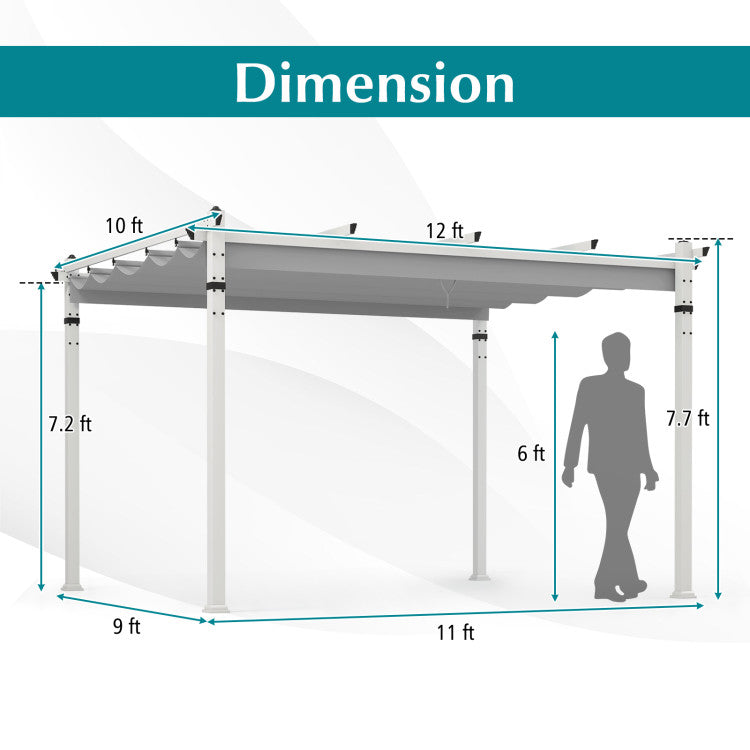 12 x 10 Ft Outdoor Aluminum Pergola Patio Pavilion with Retractable Canopy and Pre-Drilled Holes for Backyards