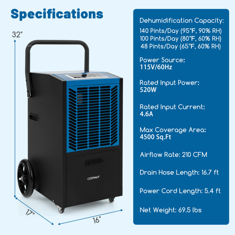 140 Pints Portable Commercial Dehumidifier 4500 Sq.Ft Crawl Space Industrial Dehumidifier with 24H Timer and Lockable Wheels