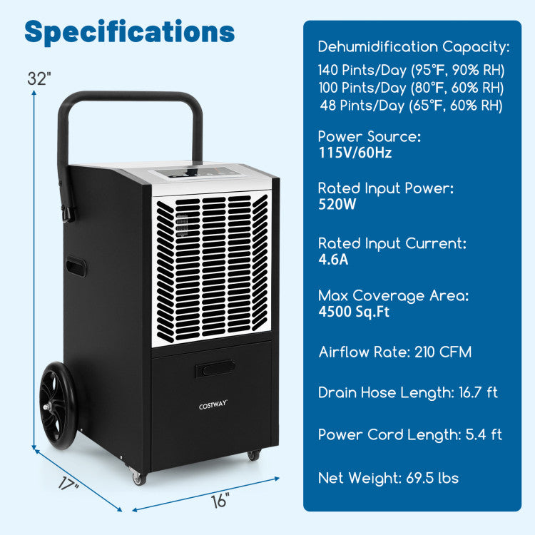 140 Pints Portable Commercial Dehumidifier 4500 Sq.Ft Crawl Space Industrial Dehumidifier with 24H Timer and Lockable Wheels