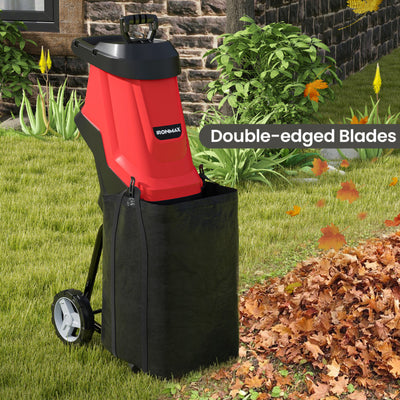 15-AMP Electric Wood Chipper and Shredder Garden Leaf Mulcher with Safety Locking Knob, Collection Bag, Wheels