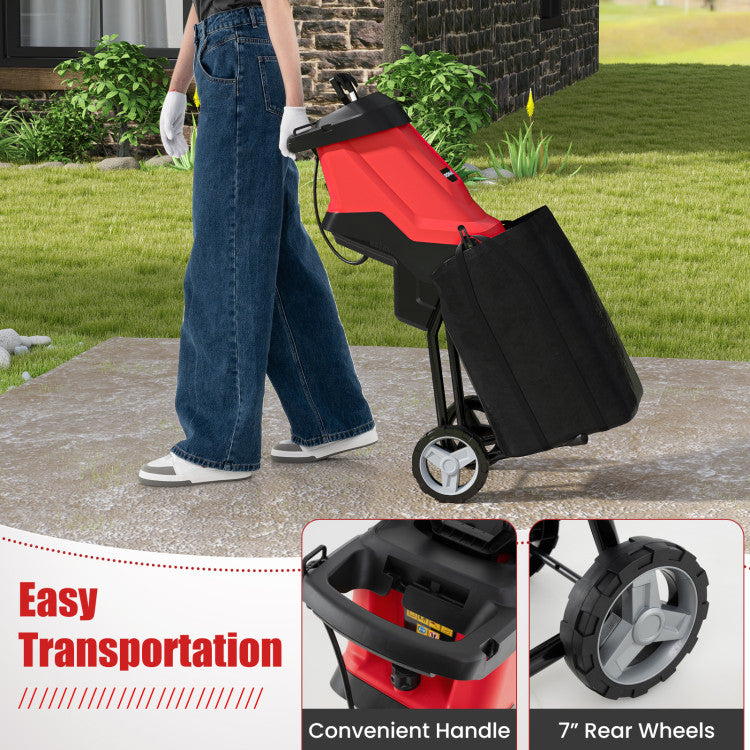 15-AMP Electric Wood Chipper and Shredder Garden Leaf Mulcher with Safety Locking Knob, Collection Bag, Wheels