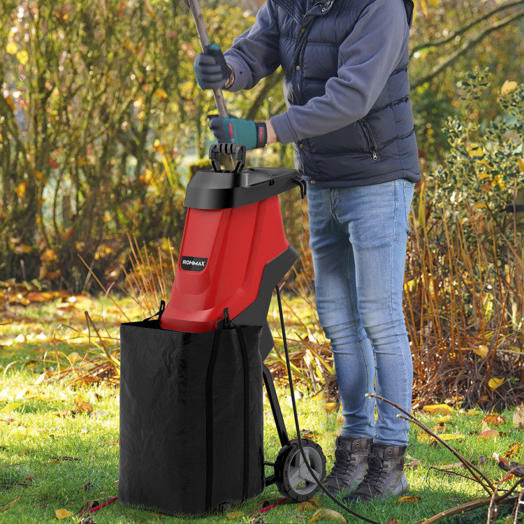 15-AMP Electric Wood Chipper and Shredder Garden Leaf Mulcher with Safety Locking Knob, Collection Bag, Wheels