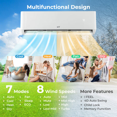 18K BTU 2 Zone Wifi Enabled Mini Split AC Unit 22 SEER2 Wall Mount Ductless Inverter Air Conditioner with 24h Timer and Heat Pump