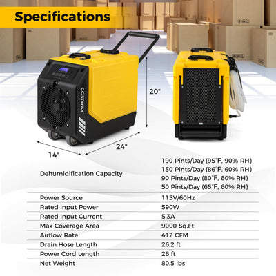 190 PPD Portable Commercial Dehumidifier Industrial Compact Crawl Space Dehumidifier with 24H Timer and Auto Defrost