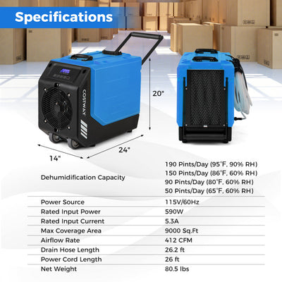 190 PPD Portable Commercial Dehumidifier Industrial Compact Crawl Space Dehumidifier with 24H Timer and Auto Defrost