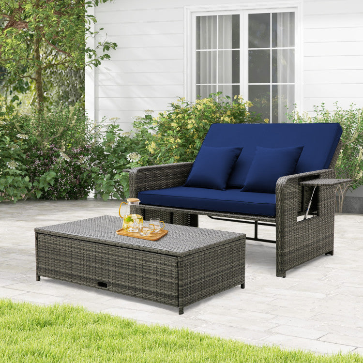 2-in-1 Multifunctional Patio Rattan Daybed Wicker Loveseat Sofa Set with Retractable Side Tray and Adjustable Backrest