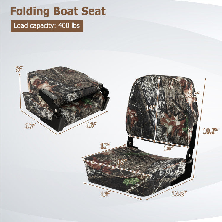 2 Pack Low Back Fishing Captain Boat Seats Fold-Down Waterproof Universal Camo Boat Seat with Aluminum Hinges and Thick Sponge Padding