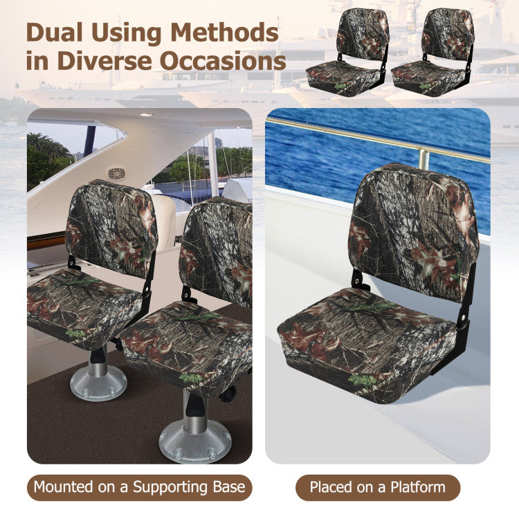 2 Pack Low Back Fishing Captain Boat Seats Fold-Down Waterproof Universal Camo Boat Seat with Aluminum Hinges and Thick Sponge Padding