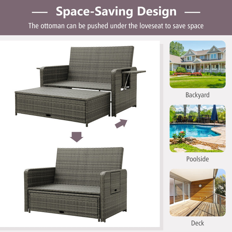 2-in-1 Multifunctional Patio Rattan Daybed Wicker Loveseat Sofa Set with Retractable Side Tray and Adjustable Backrest