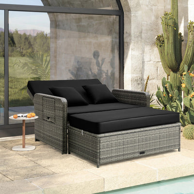 2-in-1 Multifunctional Patio Rattan Daybed Wicker Loveseat Sofa Set with Retractable Side Tray and Adjustable Backrest