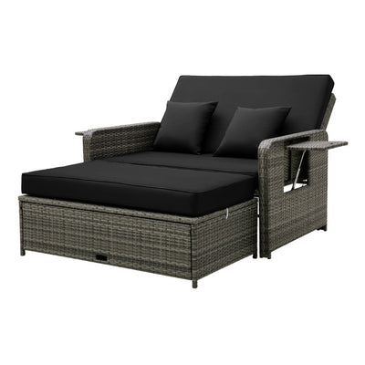 2-in-1 Multifunctional Patio Rattan Daybed Wicker Loveseat Sofa Set with Retractable Side Tray and Adjustable Backrest