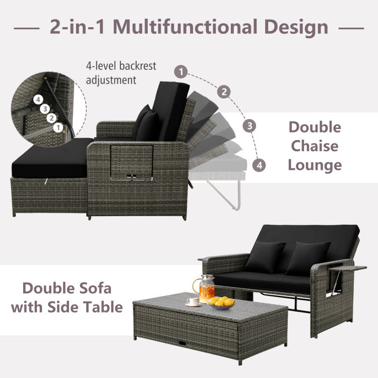 2-in-1 Multifunctional Patio Rattan Daybed Wicker Loveseat Sofa Set with Retractable Side Tray and Adjustable Backrest