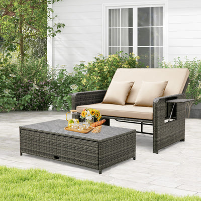 2-in-1 Multifunctional Patio Rattan Daybed Wicker Loveseat Sofa Set with Retractable Side Tray and Adjustable Backrest