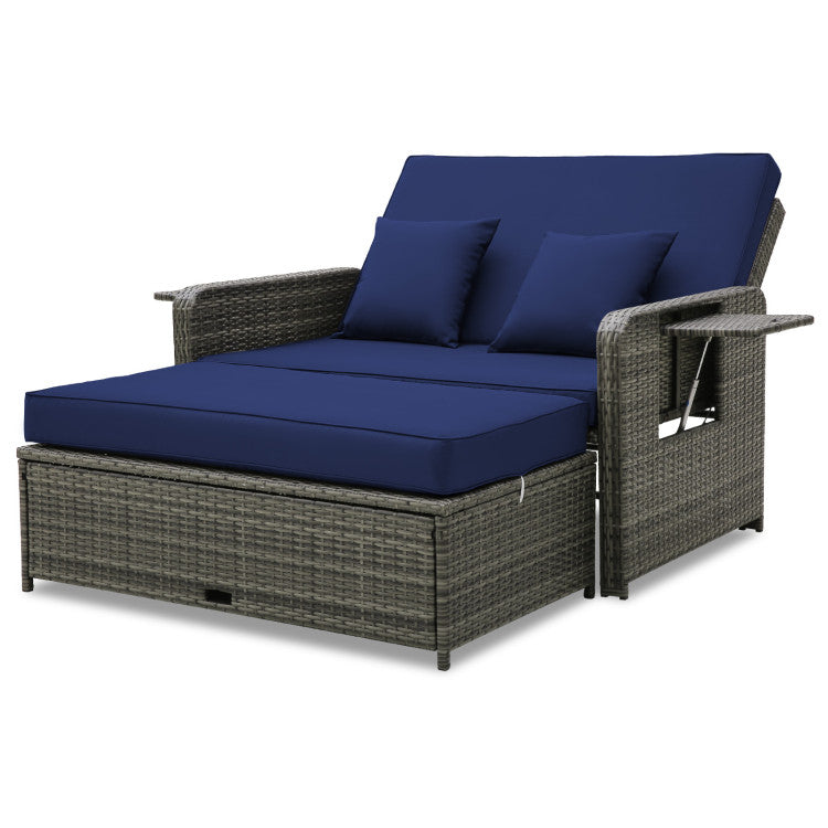 2-in-1 Multifunctional Patio Rattan Daybed Wicker Loveseat Sofa Set with Retractable Side Tray and Adjustable Backrest