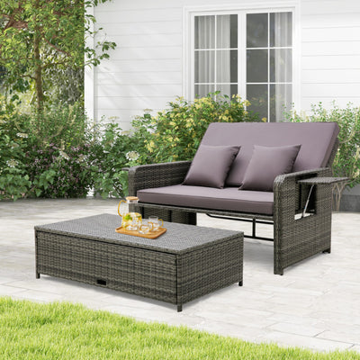 2-in-1 Multifunctional Patio Rattan Daybed Wicker Loveseat Sofa Set with Retractable Side Tray and Adjustable Backrest