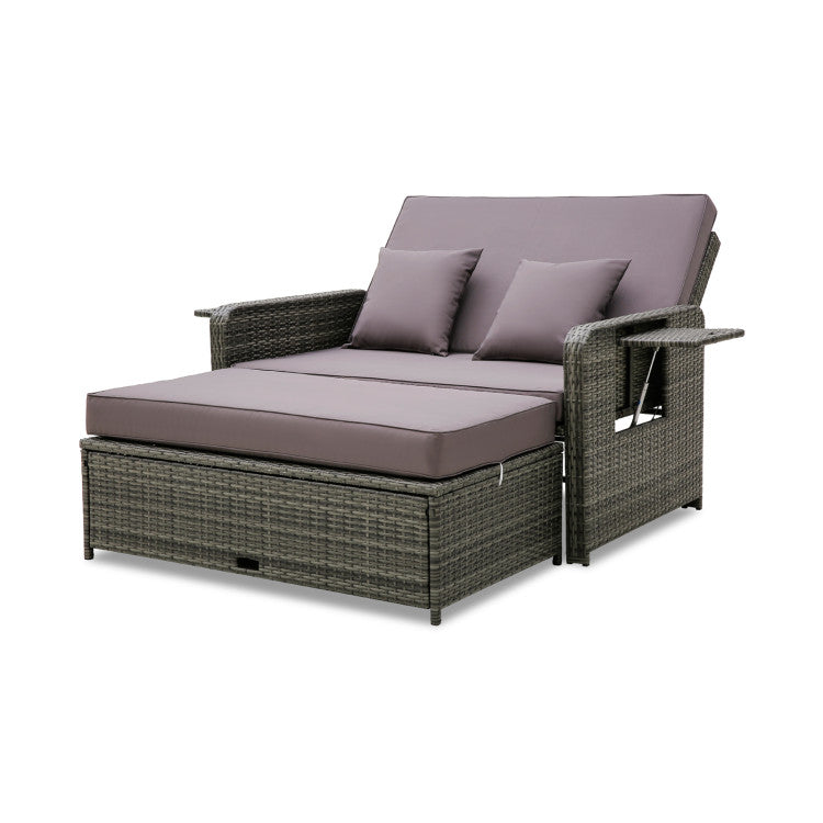 2-in-1 Multifunctional Patio Rattan Daybed Wicker Loveseat Sofa Set with Retractable Side Tray and Adjustable Backrest