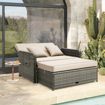 2-in-1 Multifunctional Patio Rattan Daybed Wicker Loveseat Sofa Set with Retractable Side Tray and Adjustable Backrest