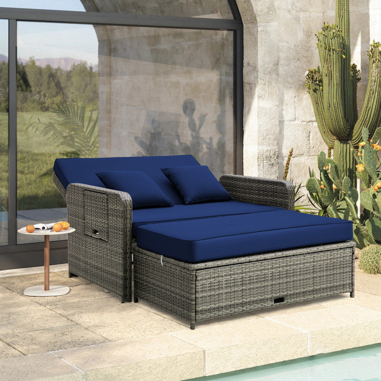 2-in-1 Multifunctional Patio Rattan Daybed Wicker Loveseat Sofa Set with Retractable Side Tray and Adjustable Backrest